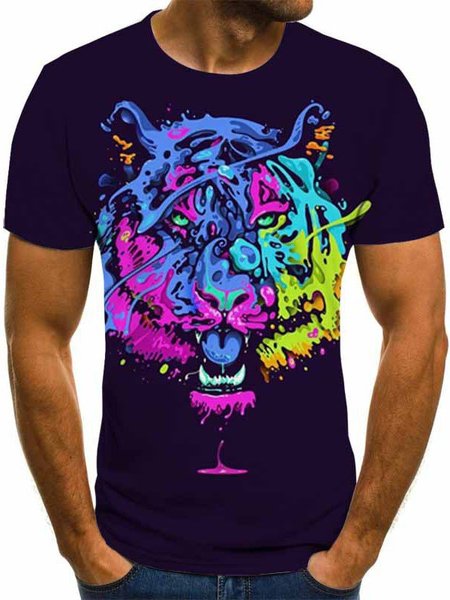 

Printed Cotton-Blend Casual Crew Neck Shirts & Tops, As picture, T-shirts