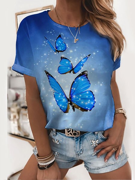 Casuale Maniche Corte Farfalla Top, Blu, Tops