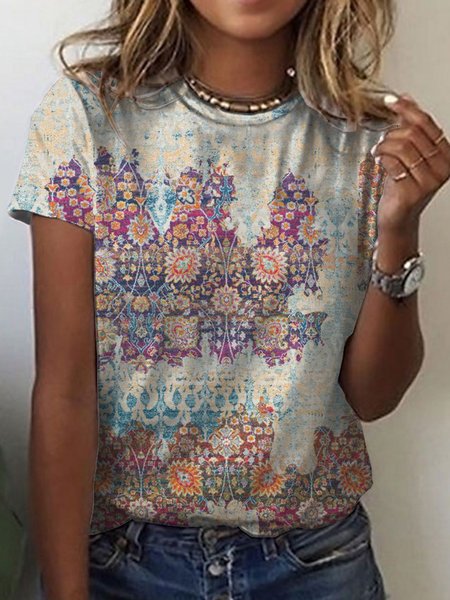 

Short Sleeve Crew Neck Tribal Vintage Shirts & Tops, Apricot, Tops