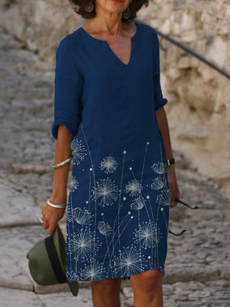 

Estate Tempo libero pianta Vacanza Dente di leone Stampa Casuale Scollo a V 3/4 Manica Abito, Blu intenso, Midi Dresses