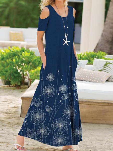 

Summer Leisure Plant Hollow Sleeve Dandelion Print Crew Neck Casual A-Line Knitting Dress, Deep blue, Casual Dresses