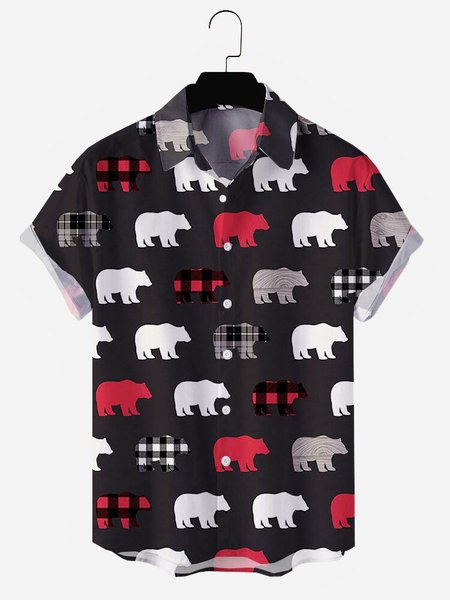 

Mens Bear Print Lapel Casual Loose Short Sleeve Hawaiian Shirt, Black, Shirts