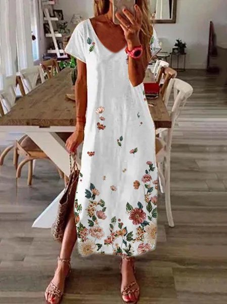 

Stampato Floreale Casuale Maniche Corte Girocollo Abito, Bianco, Dresses