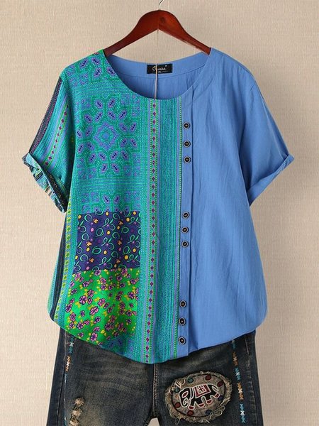 

Short Sleeve Crew Neck Casual Tops, Blue, Blouses & Shirts