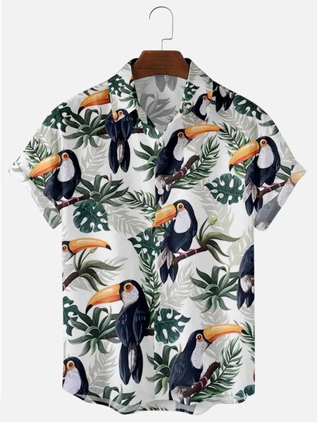 

Mens Parrots Print Lapel Casual Loose Short Sleeve Hawaiian Shirt, White, Shirts