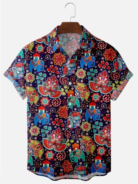 

Mens Tribal Animal Print Lapel Casual Loose Short Sleeve Hawaiian Shirt, Black, Shirts