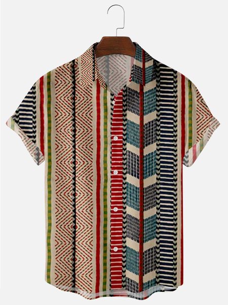 

Men's Stripe National Style Short Sleeve Casual Loose Shirt, Men's Floral shirt
