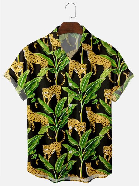 

Mens Leopard Print Lapel Casual Loose Short Sleeve Hawaiian Shirt, Green, Shirts