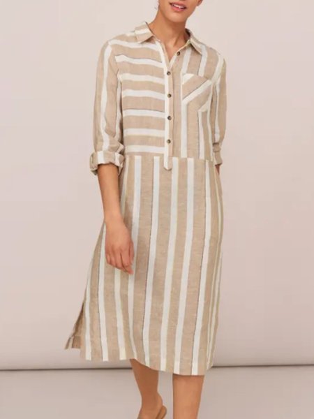 

Cotone strisce Casuale Colletto a Camicia Abito, Come immagine, Midi Dresses