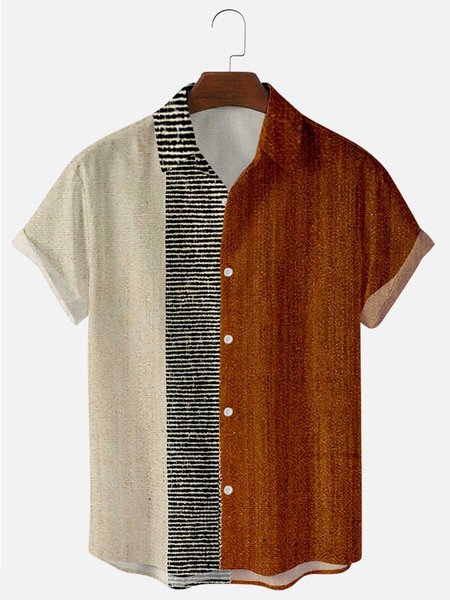 

Men's New Style Stitching Color Short Sleeve Casual Loose Shirt, Brown, Shirts ＆ Blouse