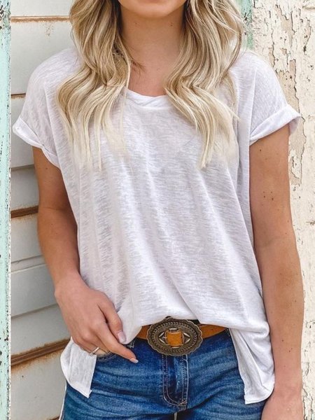 Maniche Corte Girocollo Solido Cotone Top, Bianco, Tops