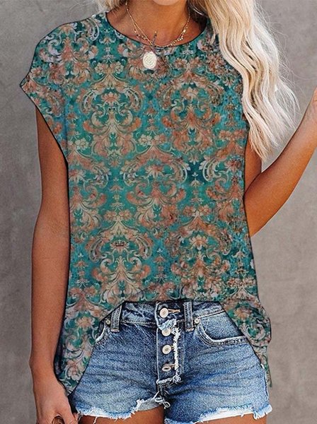 

Paisley Maniche Corte Stampato Misto Cotone Girocollo Vacanza Estate verde Superiore, Tops