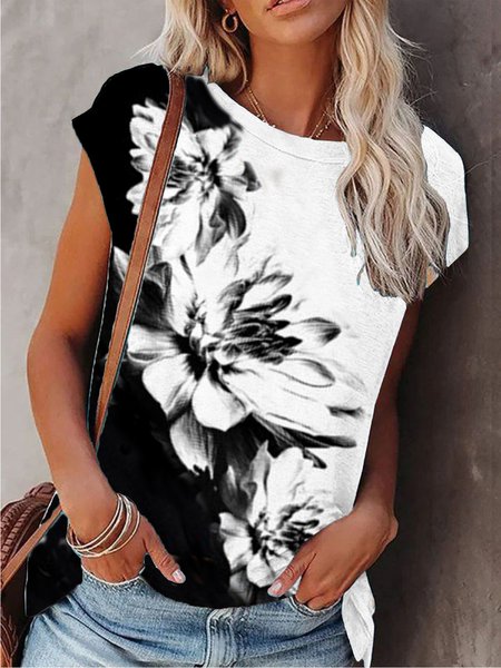 

Maniche Corte Ricorrere Floreale Top, Nero-bianco, Tops