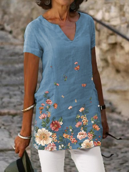 

Estate Tempo libero Piante Sciolto Floreale Casuale Maniche Corte Camicie & Top, Blu, Blouses & Shirts