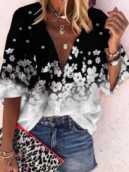 

Cotton Casual V Neck Shift Blouse, White-black, Blouses & Shirts