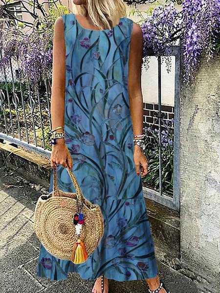 

Floreale Misto Cotone Dritto Abito, Blu, Dresses
