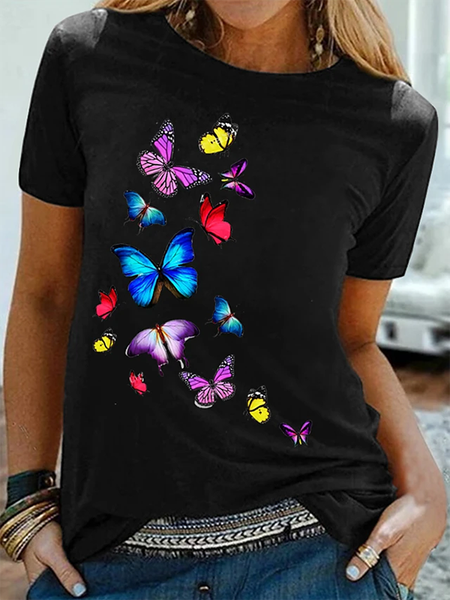 Printed Casual Cotton Blend Short Sleeve T shirt