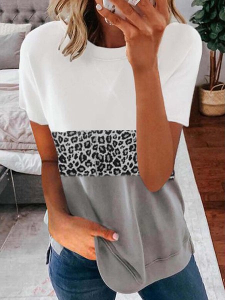 Leopard Short Sleeve Cotton-Blend Crew Neck Tops, As picture, T-Shirts