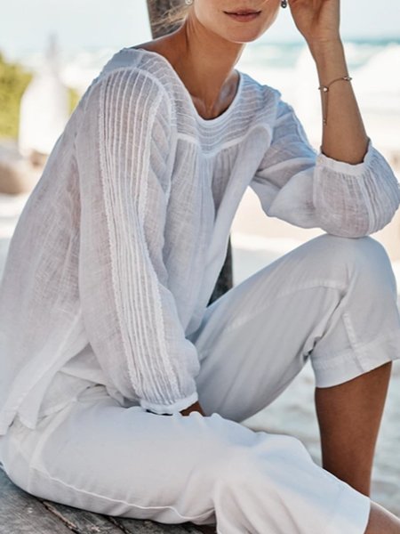 

Ruched Casual Crew Neck 3/4 Sleeve Linen Solid Top, White, Blouses and Shirts
