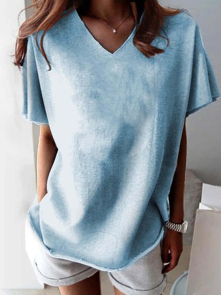 Plain Short Sleeve Shift Casual Shirts & Tops, Blue, T-Shirts