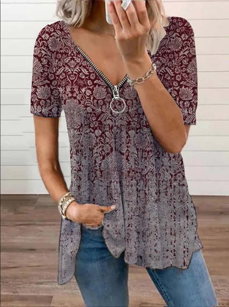 

Paisley Maniche Corte Stampato Misto Cotone Scollo a V Vacanza Estate Rosso Superiore, Tops