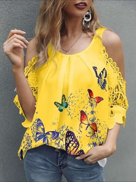 

Butterfly Print Hollow Lace Strapless Top, Yellow, T-shirts