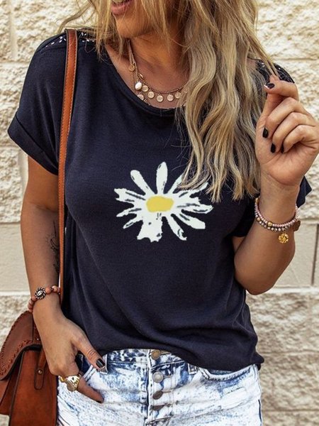 

Stampato Floreale Maniche Corte Girocollo Casuale Top, Blu marino, Tops
