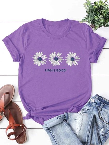 

Stampato Floreale Maniche Corte Girocollo Casuale Top, Viola, Tops