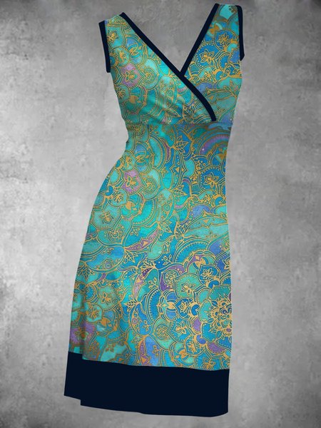

Summer Leisure Vacation Paisley Print Contrast Color Holiday V Neck Knitting Dress, Green, Auto-Clearance