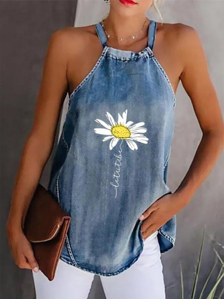 

Vintage Sleeveless Daisy Printed Halter Plus Size Casual Tops, Blue, Tank Top
