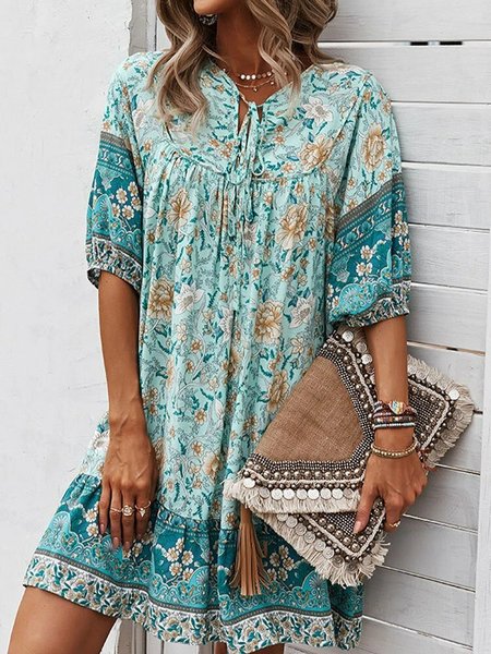 

Boemia fiore Stampare O-collo Annodato Mezza Manica Abito Per Donna, Verde, Midi Dresses