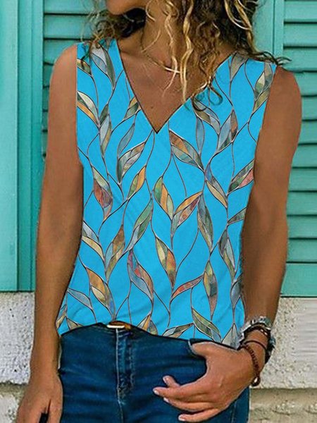 

Le foglie senza maniche Stampato Misto Cotone Scollo a V Vacanza Estate Blu Superiore, Blouses & Shirts