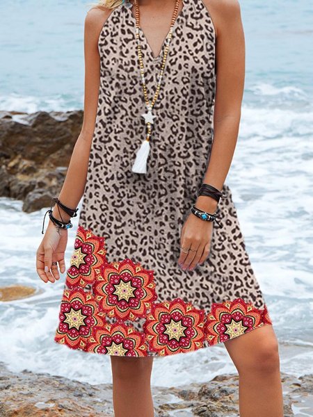 

Leopard Resort Sleeveless V Neck Women Dress, Mini Dresses