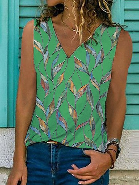

Le foglie senza maniche Stampato Misto Cotone Scollo a V Vacanza Estate verde Superiore, Tops