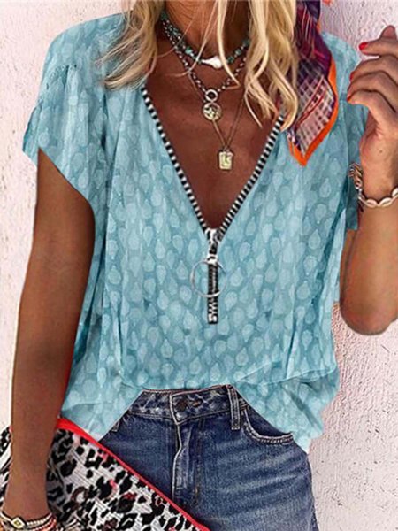 

Geometric Cotton-Blend Shift Short Sleeve Tops, Blue, T-Shirts
