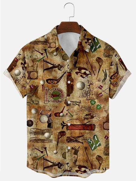 

Mens Vintage Golf Print Lapel Casual Loose Short Sleeve Shirt, Khaki, Shirts