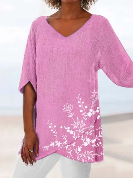 

Floreale Maniche Corte Stampato Poliestere Scollo a V Casuale Estate Rosa Superiore, Blouses & Shirts