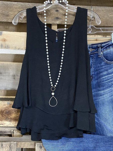

Misto Cotone Casuale senza maniche Top, Nero, Blouses & Shirts
