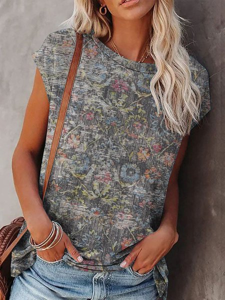 

Dritto Casuale Maniche Corte Girocollo Top, Grigio, Tops