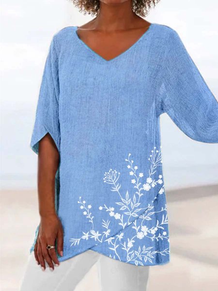 

Floreale Maniche Corte Stampato Poliestere Scollo a V Vintage Estate Blu Superiore, Blouses & Shirts