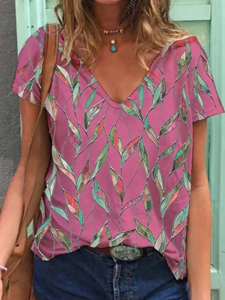 

Le foglie Maniche Corte Stampato Misto Cotone Scollo a V Vacanza Estate Rosa Superiore, Blouses & Shirts