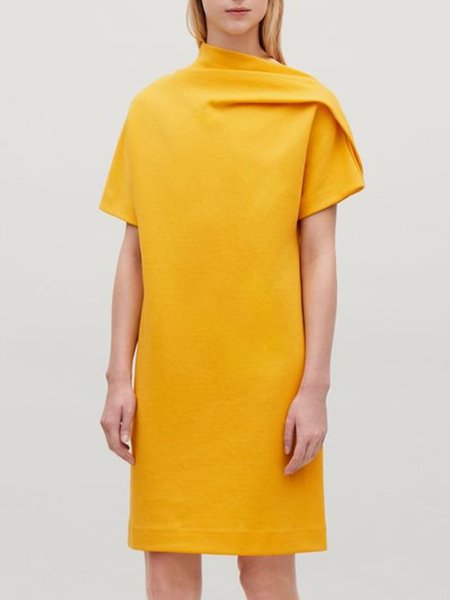 

Solid Simple Short Sleeve Stand Collar Dress, Yellow, Mini Dresses