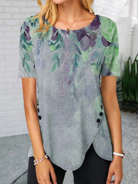 

Floreale Maniche Corte Stampato Misto Cotone Girocollo Casuale Estate Grigio Superiore, Tops