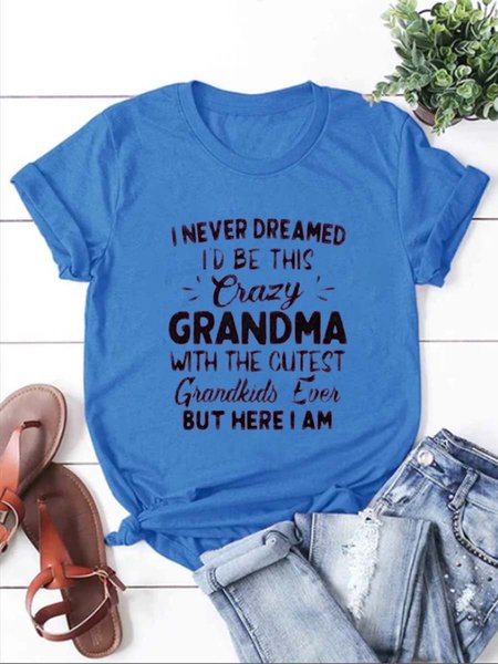 

Letter Short Sleeve Printed Cotton-blend Crew Neck Casual Summer Blue Top, Tops
