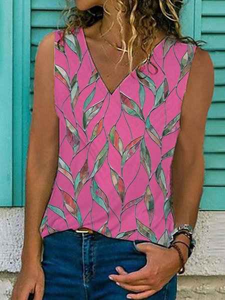 

Le foglie senza maniche Stampato Misto Cotone Scollo a V Vacanza Estate Rosa Superiore, Tops