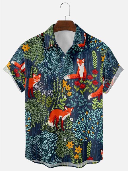 

Mens Fox Print Lapel Casual Loose Short Sleeve Shirt, Blue, Men's shirts
