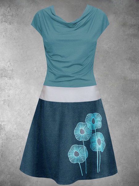 

Estate Tempo libero pianta Monocromo Floreale Contrasto Cucitura Maniche Corte Ricorrere Piante Collo ad anello Abito, Blu, Casual Dresses