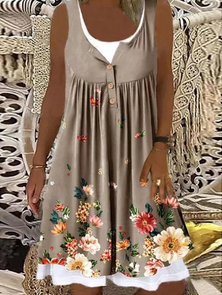 

Print/Floral Sleeveless A-line Knee Length Casual Skater Knitting Dress, As picture, Mini Dresses