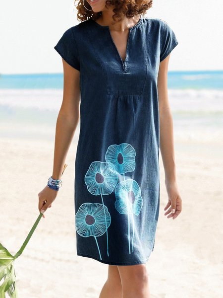 

Summer Leisure Plant Monochrome Floral Straight Skirt Short Sleeve Holiday Cocoon Dresses, Deep blue, Dresses