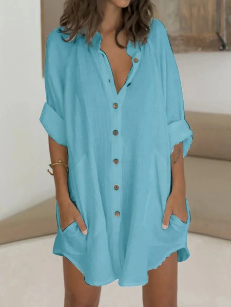 

Women Shirt Collar Pockets Casual Dresses Summer Dresses, Blue, Dresses